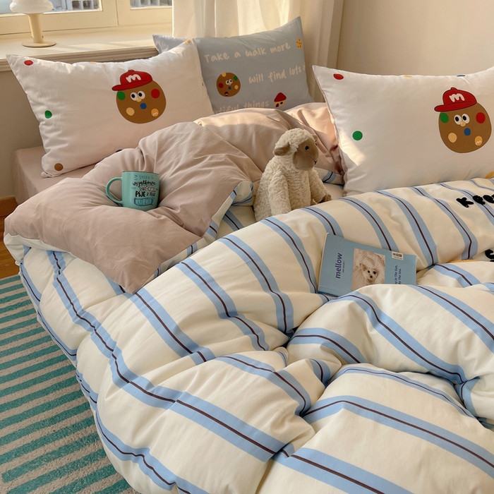 91家纺网 家纺一手货源 找家纺 美乐迪家纺 2025新款休闲风系列全棉毛巾绣四件套 玩趣m豆