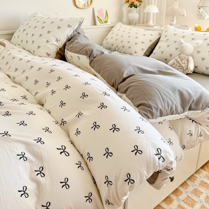 91家纺网 家纺一手货源 找家纺 慕澄家纺 2025新款小清新水洗棉印花四件套 萌趣版-黑系蝴蝶结