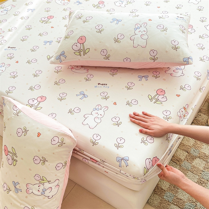 91家纺网 家纺一手货源 找家纺 雯豆2025春夏新品全棉床笠三件套学生成人印花纯棉床罩 全棉床笠-小兔乖乖