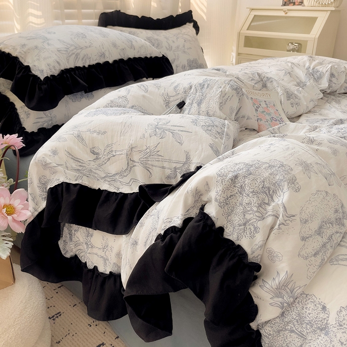 91家纺网 家纺一手货源 找家纺 繁花家居 2025新款黑色花边赫本风水洗棉双层纱针织棉韩式花边四件套 莫奈蓝