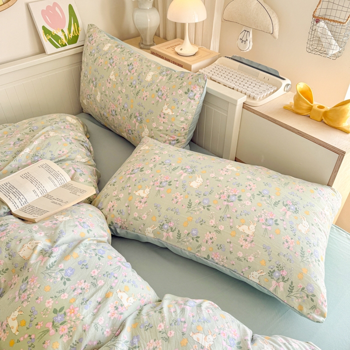 91家纺网 家纺一手货源 找家纺 慕澄家纺 2025新款小清新水洗棉印花四件套 萌趣版-碎花兔兔