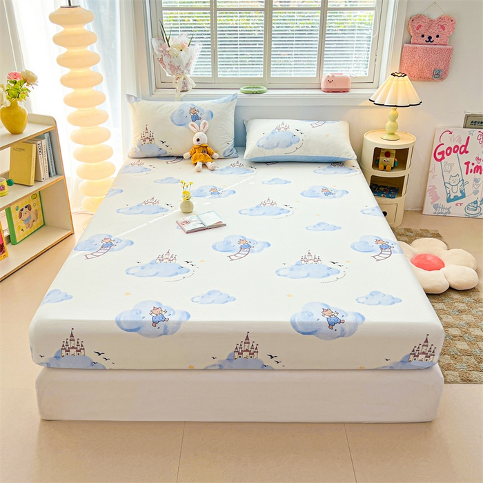 91家纺网 家纺一手货源 找家纺 雯豆2025春夏新品全棉床笠三件套学生成人印花纯棉床罩 全棉床笠-熊熊城堡