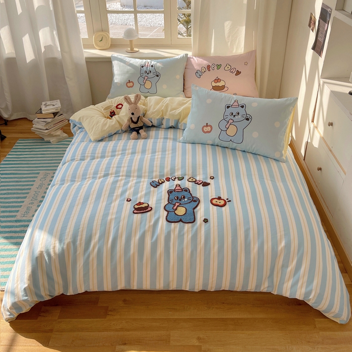 91家纺网 家纺一手货源 找家纺 美乐迪家纺 2025新款休闲风系列全棉毛巾绣四件套 派对猫咪