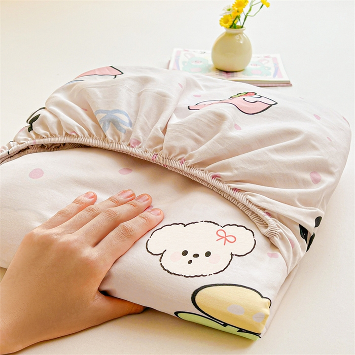 91家纺网 家纺一手货源 找家纺 雯豆2025春夏新品全棉床笠三件套学生成人印花纯棉床罩 全棉床笠-奶油蝴蝶结