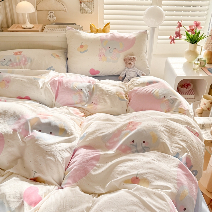 91家纺网 家纺一手货源 找家纺 慕澄家纺 2025新款小清新水洗棉印花四件套 萌趣版-小象