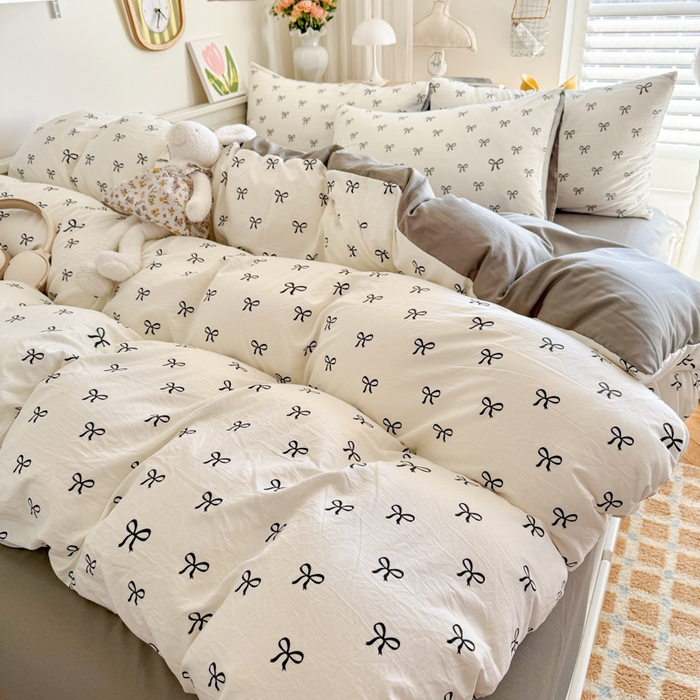 91家纺网 家纺一手货源 找家纺 慕澄家纺 2025新款小清新水洗棉印花四件套 萌趣版-黑系蝴蝶结