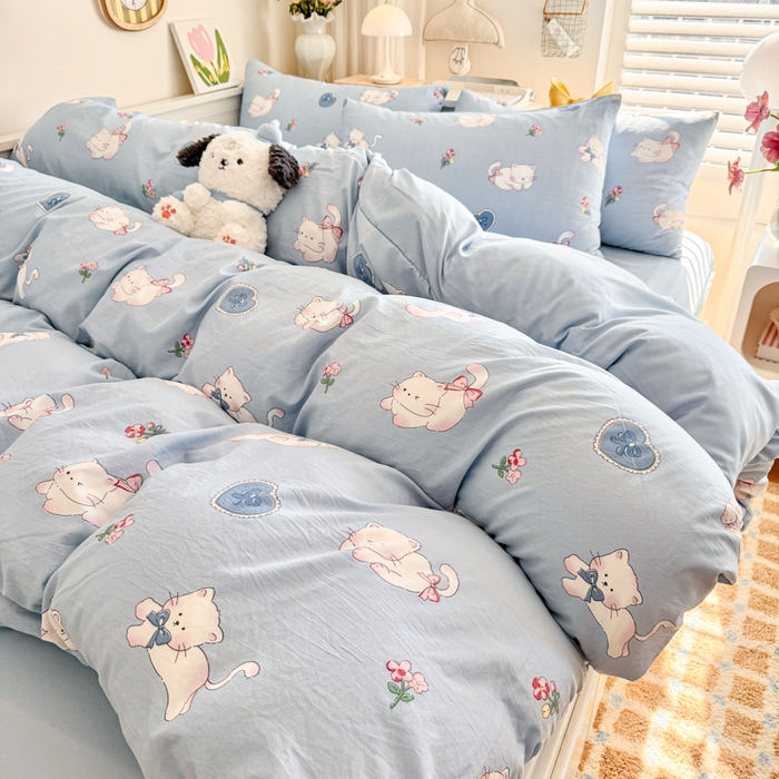 91家纺网 家纺一手货源 找家纺 慕澄家纺 2025新款小清新水洗棉印花四件套 萌趣版-卡哇伊猫咪