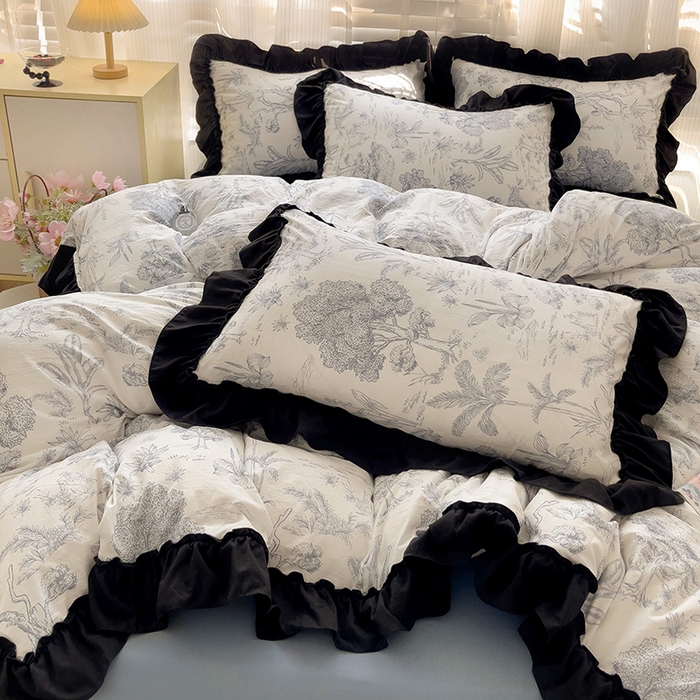 91家纺网 家纺一手货源 找家纺 繁花家居 2025新款黑色花边赫本风水洗棉双层纱针织棉韩式花边四件套 莫奈蓝