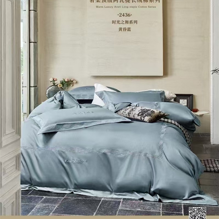 91家纺网 家纺一手货源 找家纺 玖玖爱家纺 2025新款180支植物甑棉四件套-时光之舞 时光之舞-黄昏蓝