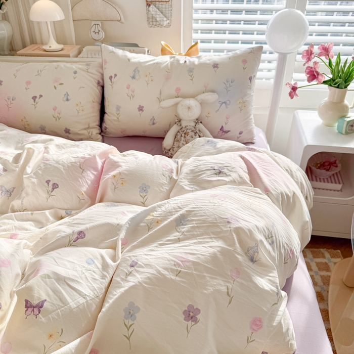 91家纺网 家纺一手货源 找家纺 慕澄家纺 2025新款小清新水洗棉印花四件套 萌趣版-觅蝶