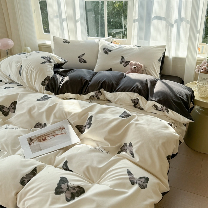 91家纺网 家纺一手货源 找家纺 赫然 2026新款水洗双层纱四件套 蝶舞