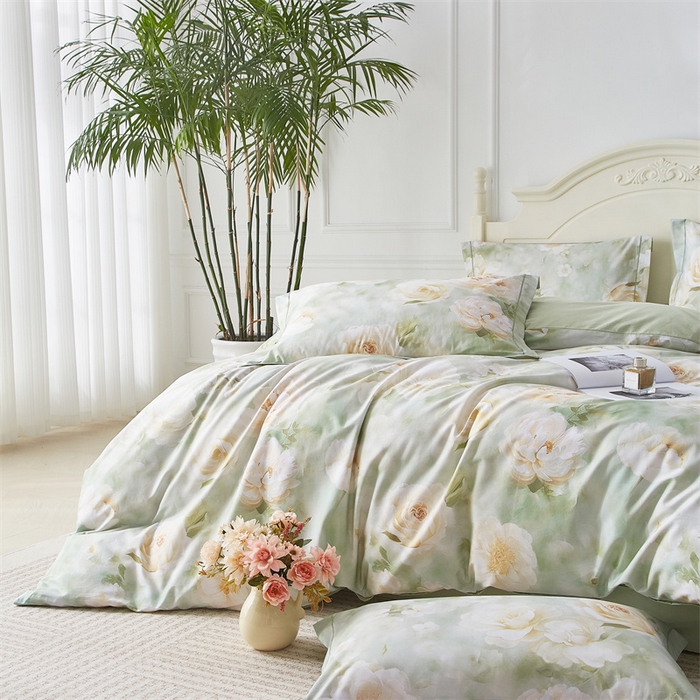 91家纺网 家纺一手货源 找家纺 曼秀琳 2025新款铂金棉数码印花四件套(全棉133*76) 墨雨云间-绿