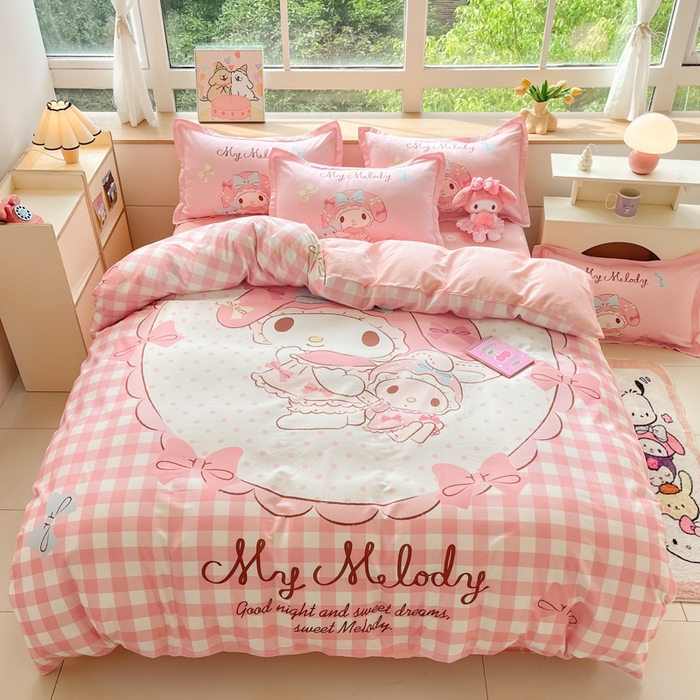 91家纺网 家纺一手货源 找家纺 博雅 2025新款三丽鸥大版印花全棉四件套专版花型 全棉大版（升级款信封枕）玩偶美乐蒂