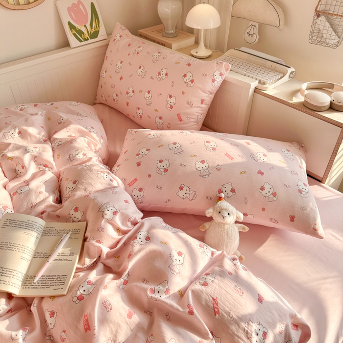 91家纺网 家纺一手货源 找家纺 慕澄家纺 2025新款小清新水洗棉印花四件套 萌趣版-粉咪咪