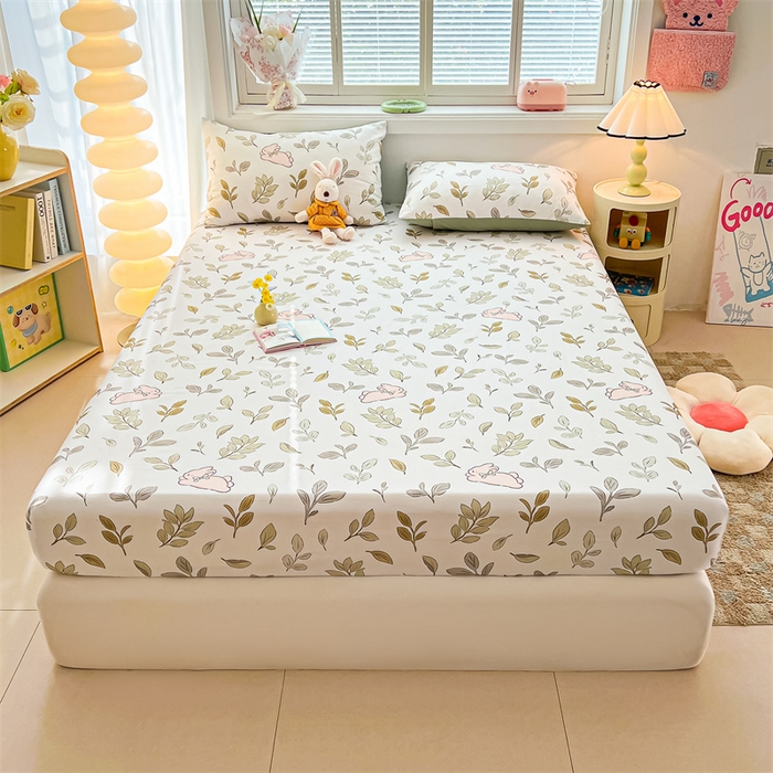 91家纺网 家纺一手货源 找家纺 雯豆2025春夏新品全棉床笠三件套学生成人印花纯棉床罩 全棉床笠-丛林兔