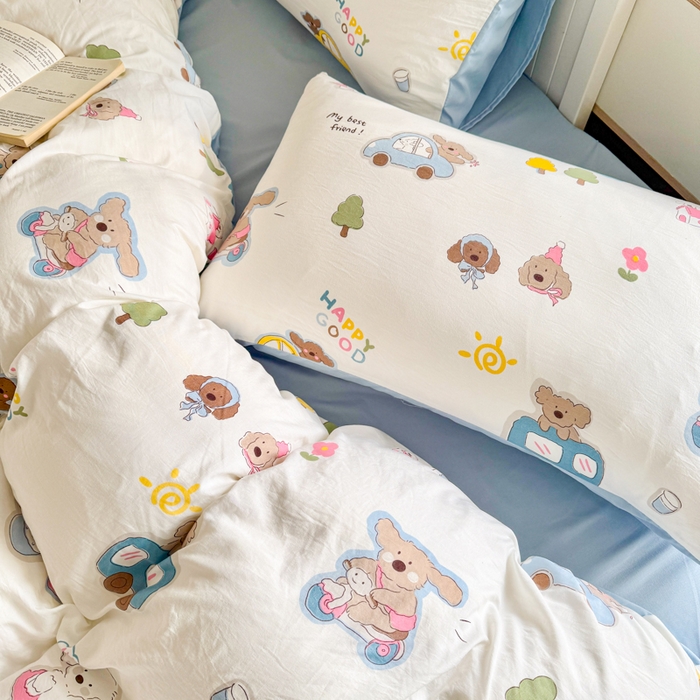 91家纺网 家纺一手货源 找家纺 慕澄家纺 2025新款小清新水洗棉印花四件套 萌趣版-汽车动员