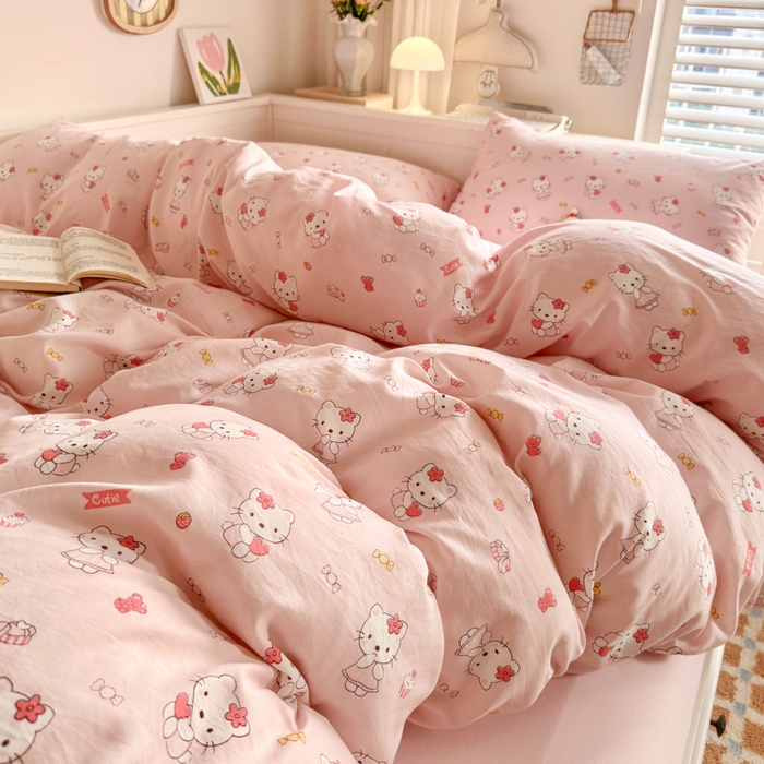 91家纺网 家纺一手货源 找家纺 慕澄家纺 2025新款小清新水洗棉印花四件套 萌趣版-粉咪咪