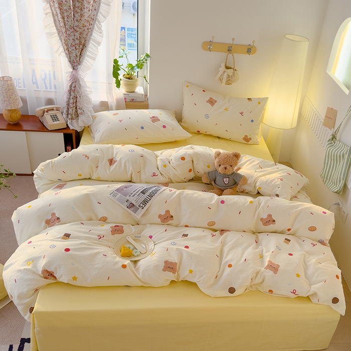 91家纺网 家纺一手货源 找家纺 颜选 2025新款水洗棉印花四件套 饼干熊