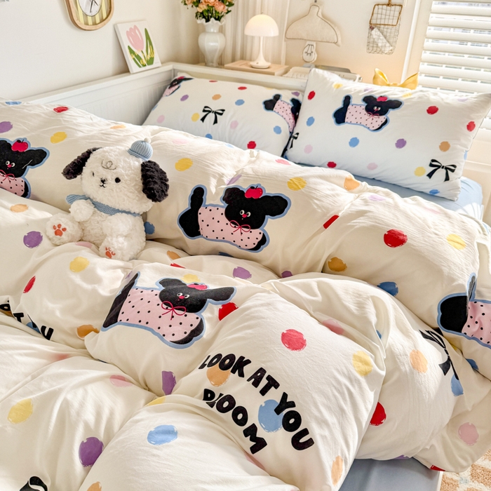 91家纺网 家纺一手货源 找家纺 慕澄家纺 2025新款小清新水洗棉印花四件套 萌趣版-彩波波