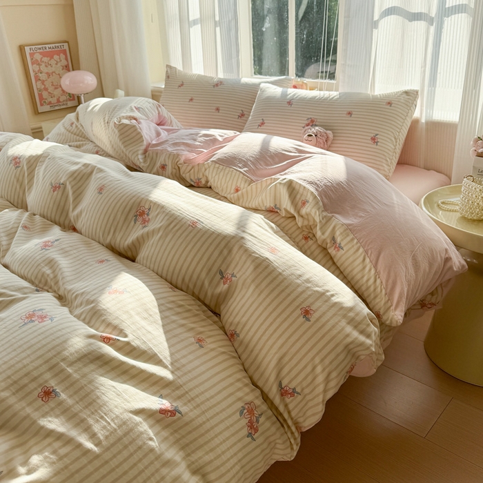 91家纺网 家纺一手货源 找家纺  赫然 2026新款水洗双层纱四件套 樱花季