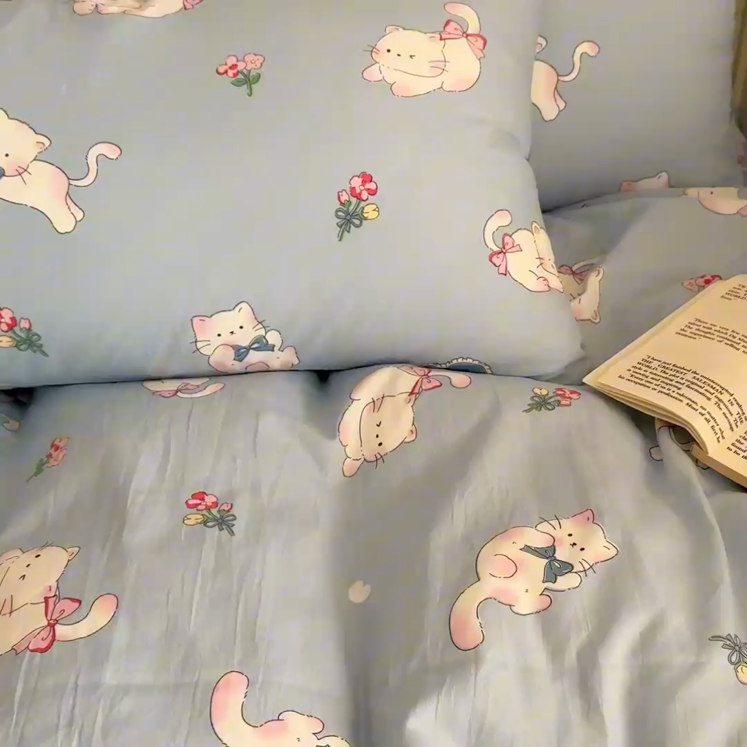91家纺网 家纺一手货源 找家纺 慕澄家纺 2025新款小清新水洗棉印花四件套 萌趣版-卡哇伊猫咪