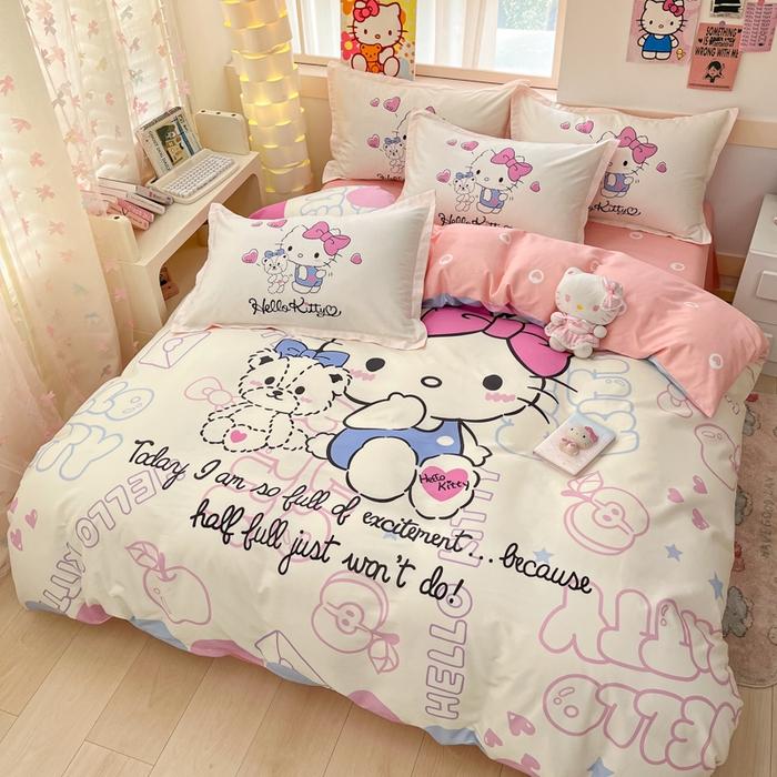 91家纺网 家纺一手货源 找家纺 博雅 2025新款三丽鸥大版印花全棉四件套专版花型 全棉大版（升级款信封枕）漫画KT猫