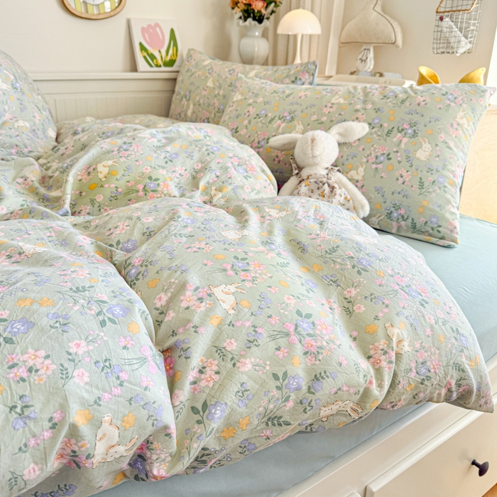 91家纺网 家纺一手货源 找家纺 慕澄家纺 2025新款小清新水洗棉印花四件套 萌趣版-碎花兔兔