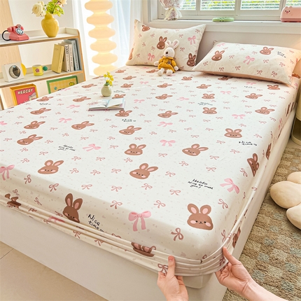 雯豆2025春夏新品全棉床笠三件套学生成人印花纯棉床罩 全棉床笠-精灵兔