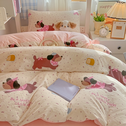 91家纺网 家纺一手货源 找家纺 韩巢家纺 2025新款学生宿舍上下铺印花被套床单三件套 彩彩狗