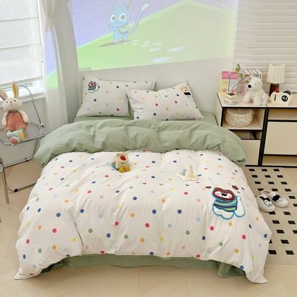 珺柔家纺 2025新款全棉双层纱毛巾绣四件套 彩波点西高地