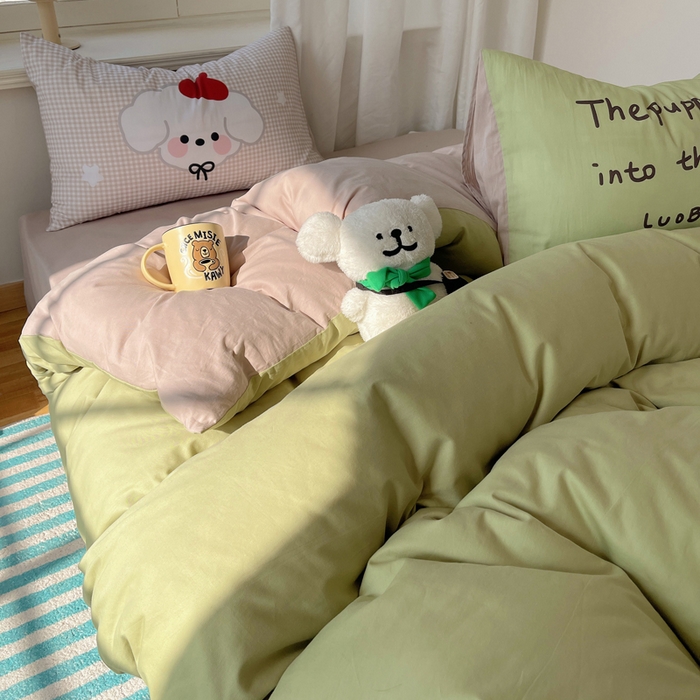 91家纺网 家纺一手货源 找家纺 美乐迪家纺 2025新款休闲风系列全棉毛巾绣四件套 休闲小狗