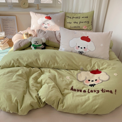 美乐迪家纺 2025新款休闲风系列全棉毛巾绣四件套 休闲小狗