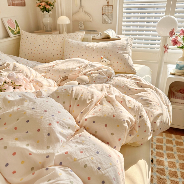 91家纺网 家纺一手货源 找家纺 慕澄家纺 2025新款小清新水洗棉印花四件套 萌趣版-奶油波点