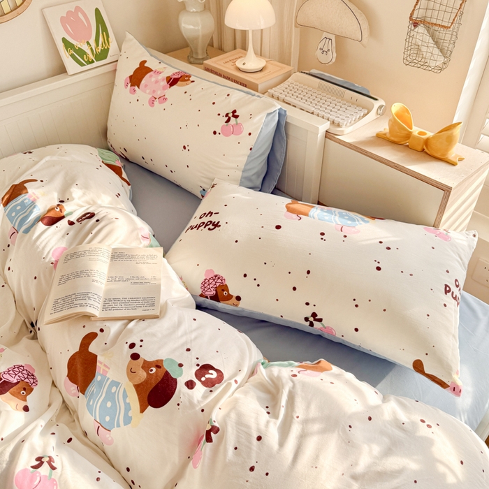 91家纺网 家纺一手货源 找家纺 慕澄家纺 2025新款小清新水洗棉印花四件套 萌趣版-腊肠狗