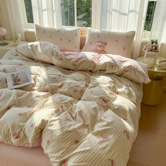 91家纺网 家纺一手货源 找家纺  赫然 2026新款水洗双层纱四件套 樱花季