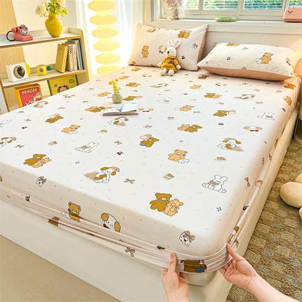 雯豆2025春夏新品全棉床笠三件套学生成人印花纯棉床罩 全棉床笠-小熊伙伴