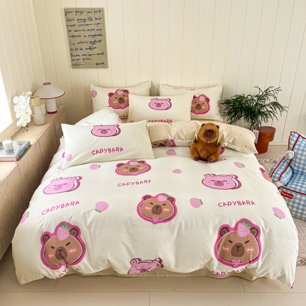 博雅 2025新款卡皮巴拉系列全棉印花四件套 草莓卡皮巴拉