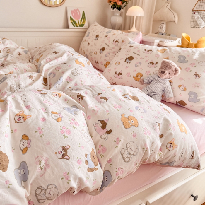 91家纺网 家纺一手货源 找家纺 慕澄家纺 2025新款小清新水洗棉印花四件套 萌趣版-狗狗派对