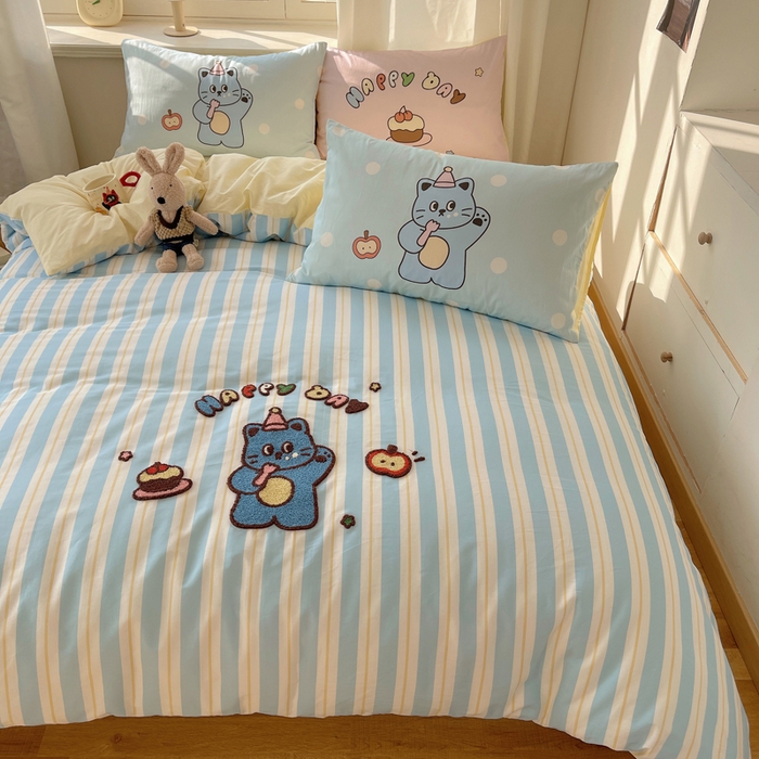 91家纺网 家纺一手货源 找家纺 美乐迪家纺 2025新款休闲风系列全棉毛巾绣四件套 派对猫咪