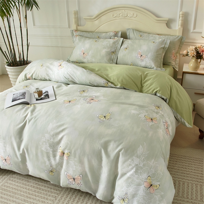 91家纺网 家纺一手货源 找家纺 曼秀琳 2025新款铂金棉数码印花四件套(全棉133*76) 浅梦-绿