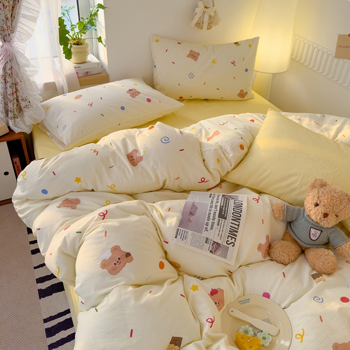 91家纺网 家纺一手货源 找家纺 颜选 2025新款水洗棉印花四件套 饼干熊