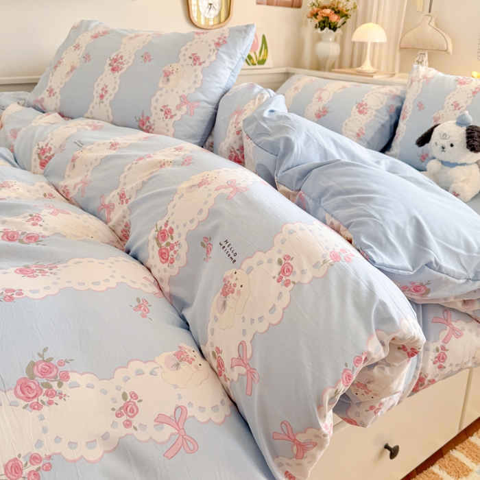 91家纺网 家纺一手货源 找家纺 慕澄家纺 2025新款小清新水洗棉印花四件套 萌趣版-蓝色花语