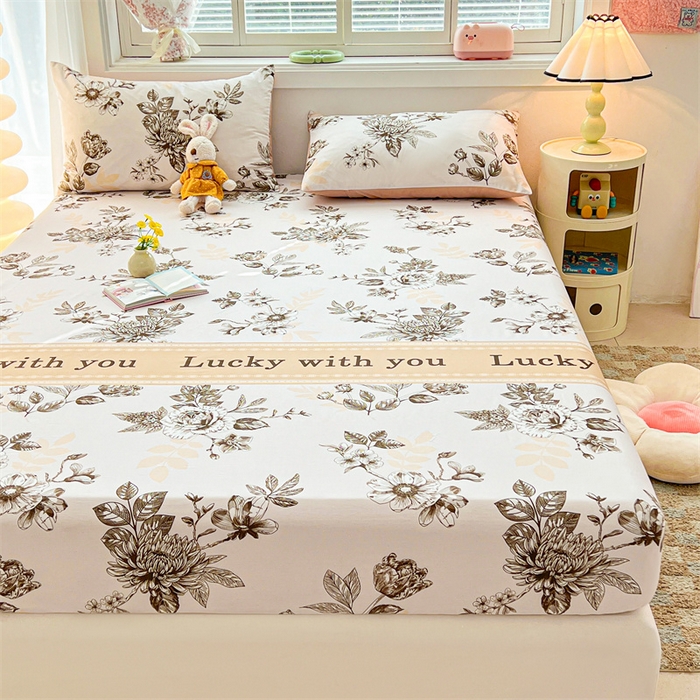 91家纺网 家纺一手货源 找家纺 雯豆2025春夏新品全棉床笠三件套学生成人印花纯棉床罩 全棉床笠-蔓秋