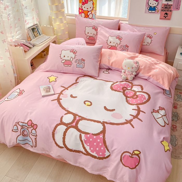 91家纺网 家纺一手货源 找家纺 博雅 2025新款三丽鸥大版印花全棉四件套专版花型 全棉大版（升级款信封枕）情书KT猫