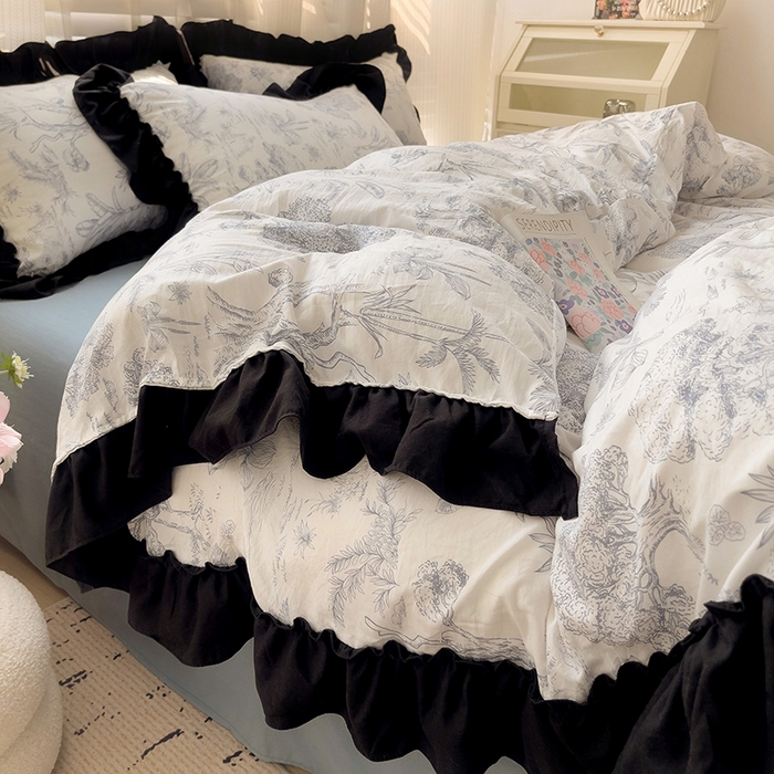 91家纺网 家纺一手货源 找家纺 繁花家居 2025新款黑色花边赫本风水洗棉双层纱针织棉韩式花边四件套 莫奈蓝