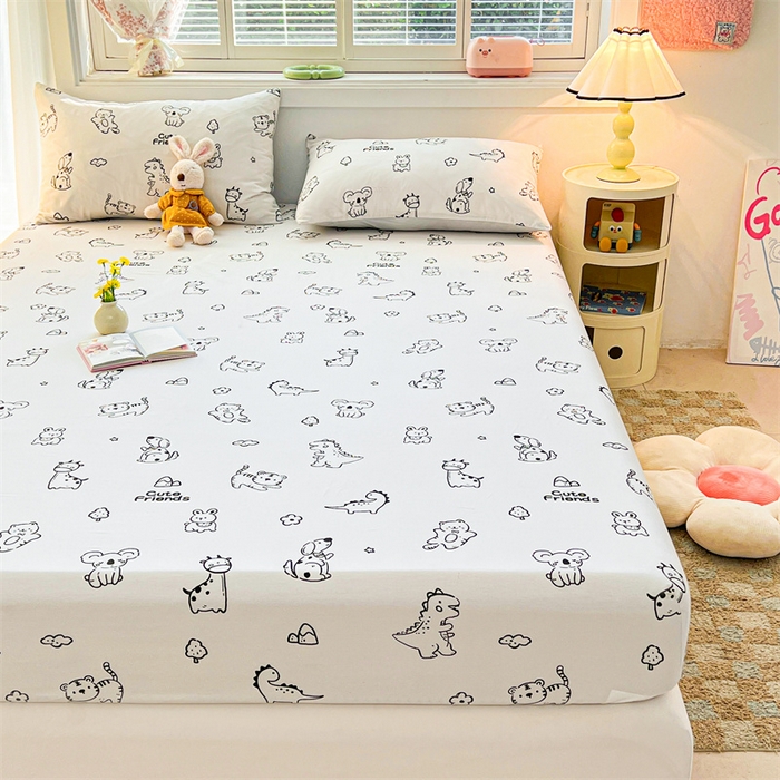 91家纺网 家纺一手货源 找家纺 雯豆2025春夏新品全棉床笠三件套学生成人印花纯棉床罩 全棉床笠-动物城