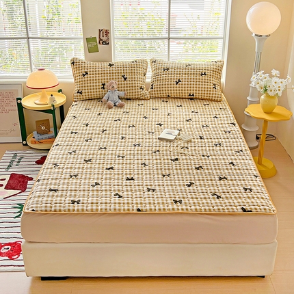 帛洵 2025新款舒适亲肤高克重牛奶绒夹棉床笠 蝴蝶结-咖