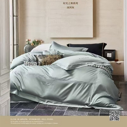91家纺网 家纺一手货源 找家纺 玖玖爱家纺 2025新款180支植物甑棉四件套-时光之舞 时光之舞-冰河灰