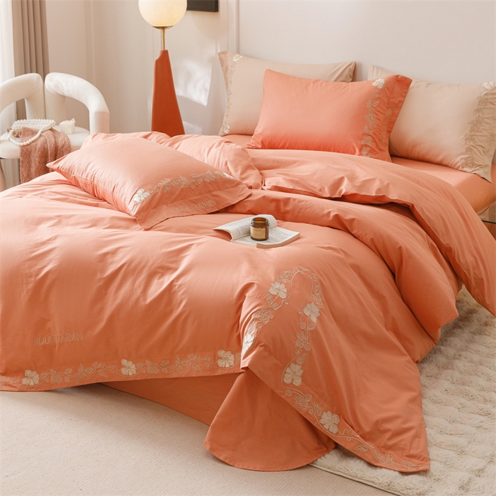 91家纺网 家纺一手货源 找家纺 艾莱家纺 2025新款A类精梳纯棉刺绣花四件套-赫柏 赫柏-橙夕