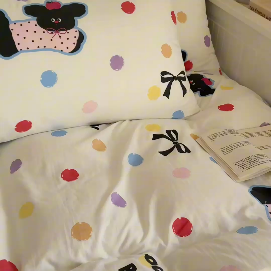 91家纺网 家纺一手货源 找家纺 慕澄家纺 2025新款小清新水洗棉印花四件套 萌趣版-彩波波